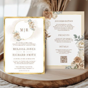 Convite Marfim Bege Floral Dourado Tudo em Um Casamento