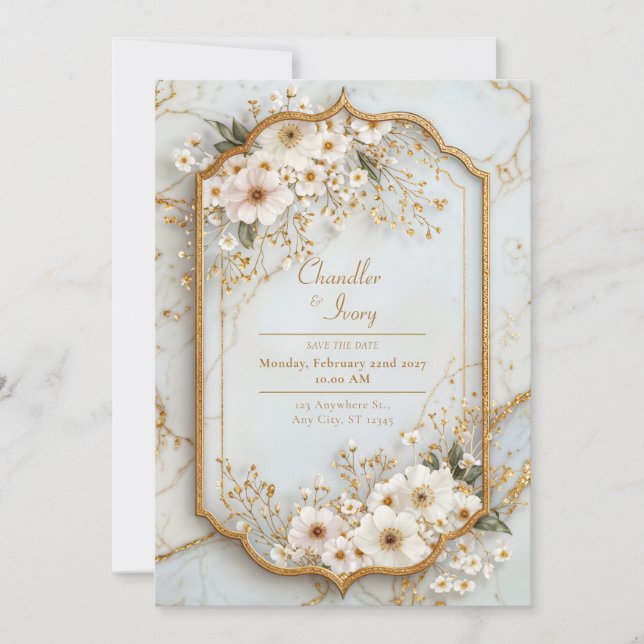 Convite Marfim Cosmos Mármore Gélido Casamento Dourado (Frente)