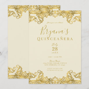 Convite Marfim Creme Dourado Renda Festa Elegante de Quinc