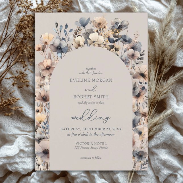 Convite Marfim de marinho Neutral Boho (watercolor neutral colors wild flowers arched wedding invitation)