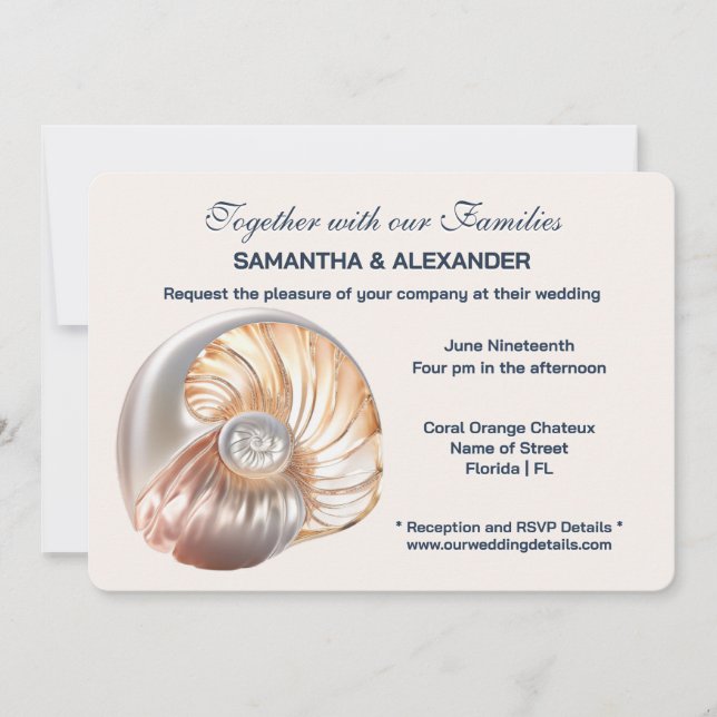Convite Marfim de Pêssego Concha Elegante Casamento (Frente)