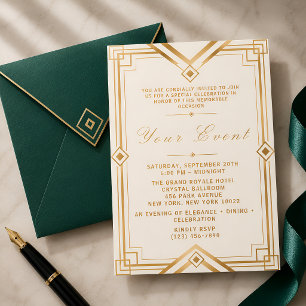 Convite Marfim Dourado Art Déco Soirée Elegante Geométrica