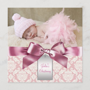 Convite Marfim e Rosa Damasco Menina Foto Batizado