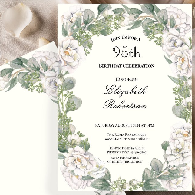 Convite Marfim e Verde Sage Floral 95º Aniversário (Criador carregado)