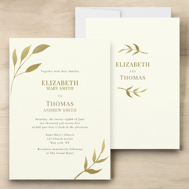 Convite Marfim elegante casual e casamento dourado (casual text ivory and gold minimal wedding invitation easy to custominze to suite your personal need)