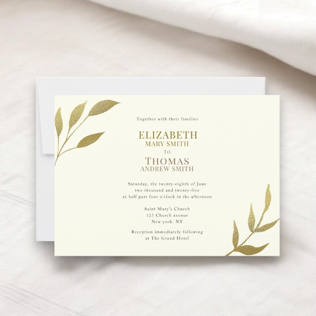 Convite Marfim elegante casual e casamento dourado (ivory and gold modern minimal botanical casual wedding invitation )