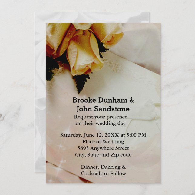 Convite Marfim elegante com Casamento de Rosas Amarelas e  (Frente/Verso)
