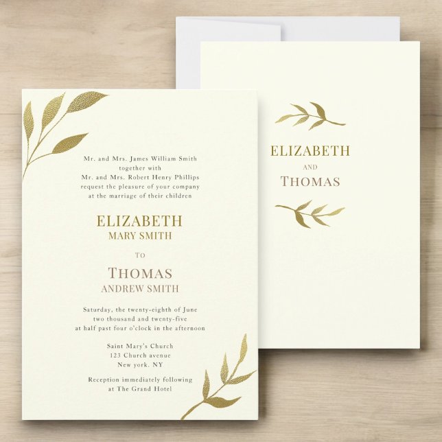 Convite Marfim elegante tradicional e casamento dourado (traditional text modern minimal gold and ivory wedding invitation 
)