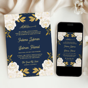Convite Marfim Floral Dourado Azul Marinho Casamento Muçul