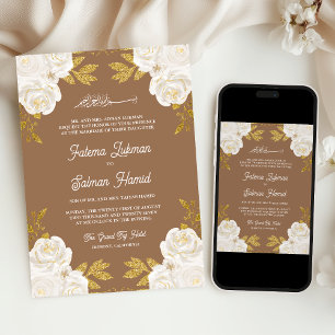 Convite Marfim Floral Dourado Bege Casamento Muçulmano