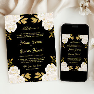 Convite Marfim Floral Dourado Brilho Preto Casamento Muçul