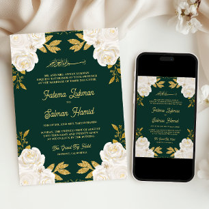 Convite Marfim Floral Dourado Esmeralda Verde Casamento Mu