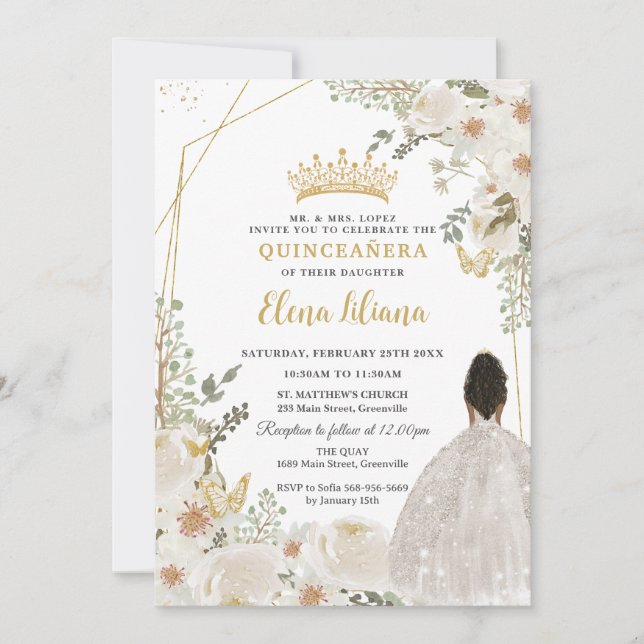 Convite Marfim Floral Marrom Princesa Dourada Quinceanera (Frente)