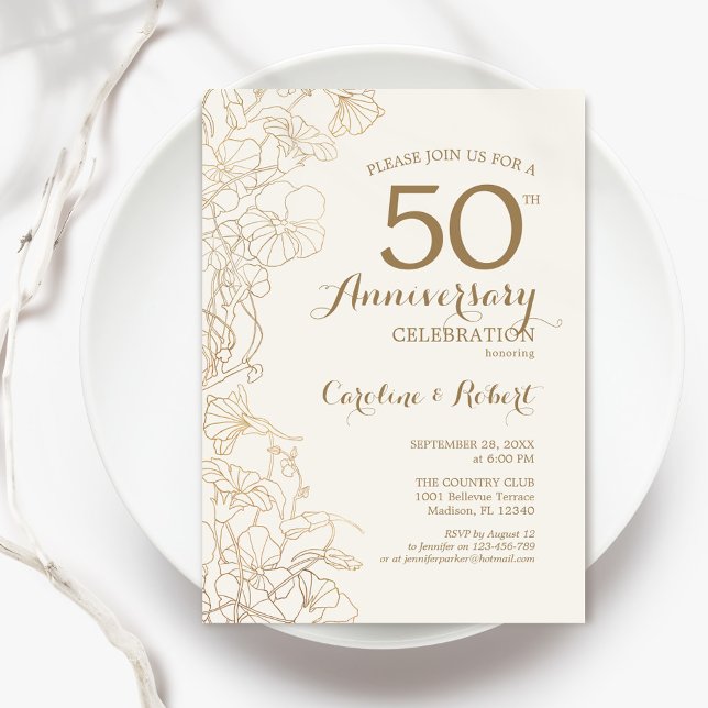 Convite Marfim Gold Floral 50º Aniversário (Criador carregado)