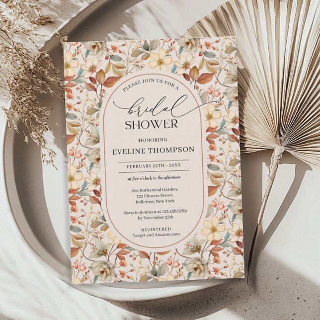 Convite Marfim neutro em aquarela queda flores silvestres (Watercolor neutral ivory fall wildflowers arch invitation)