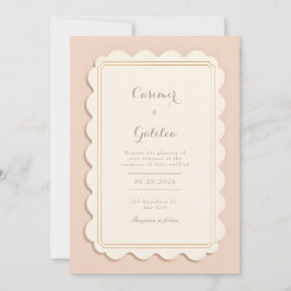 Convite Marfim Ondulado Moldura Dourada Casamento Minimali