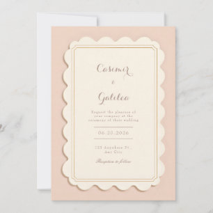 Convite Marfim Ondulado Moldura Dourada Casamento Minimali