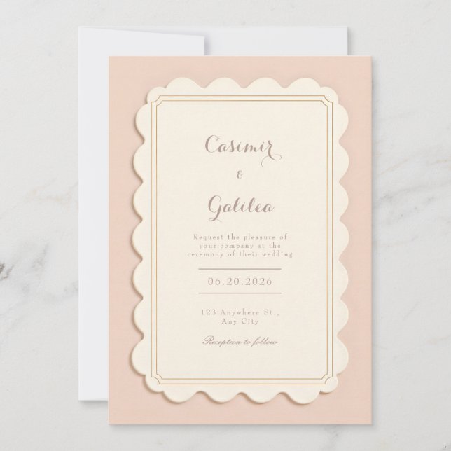 Convite Marfim Ondulado Moldura Dourada Casamento Minimali (Frente)