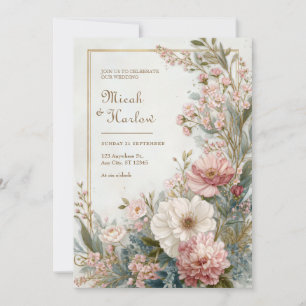 Convite Marfim Rosa Suave Floral Romântico Botânico Casame