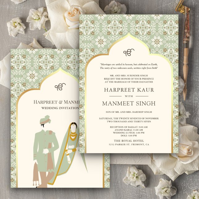 Convite Marfim Verde Menta Padrão Anand Karaj Casamento Si (Criador carregado)