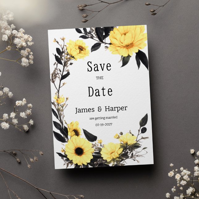 Convite Margarida amarela-escura floral Salve a data (Summer yellow dark gray daisy floral Save the Date)