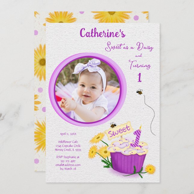 Convite Margarida Amarelo Roxo Primeiro Aniversário (Frente/Verso)