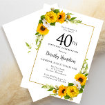 Convite Margarida Branca Amarela aniversário de 40 anos Fl<br><div class="desc">Cartão de aniversário de 40 anos floral amarelo bonito. Peônias amarelas e margaridas brancas se misturam com os girassóis. Um quadro retangular de ouro lhe dá uma vibração elegante. Muito fácil de personalizar. Essa parte de trás é branca com um buquê de girassol. Isto é perfeito para uma celebração de...</div>