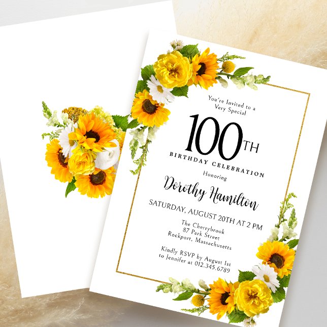 Convite Margarida Branca Amarela Floral 100º Aniversário (Elegant Invitation to get the Party of to a Great Start!)