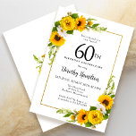 Convite Margarida Branca Amarelo Floral 60º Aniversário<br><div class="desc">Cartão de aniversário de 60 anos, floral amarelo bonito. Peônias amarelas e margaridas brancas se misturam com os girassóis. Um quadro retangular de ouro lhe dá uma vibração elegante. Muito fácil de personalizar. Essa parte de trás é branca com um buquê de girassol. Isto é perfeito para uma celebração de...</div>
