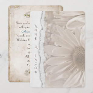 Convite margarida de casamento na sepia com borda de papel
