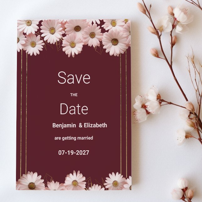 Convite Margarida de ouro rosa-burgundy Elegante Salve a d (Elegant burgundy pink gold daisy Save the Date)