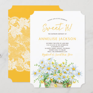Convite Margaridas de verão amarelas e renda branca, doce 