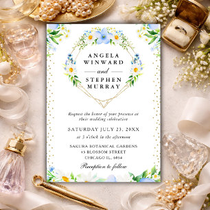 Convite Margaridas e Flores Azuis Coroa de Coração Casamen