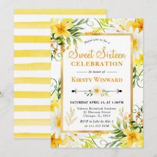 Convite Margaridas em Aquarela & Flores Amarelas Sweet 16