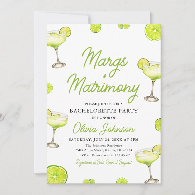 Convite Margarita Margs & Matrimony Cocktail Bachelorette (Frente)