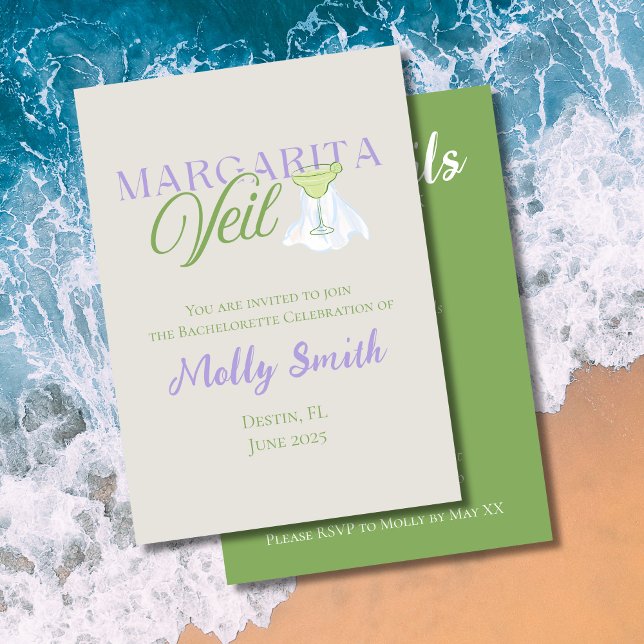 Convite Margarita Veil - Design de Festa de solteira diver (Margarita Veil invite with modern purple font – perfect for engagement or beach bridal celebrations!)