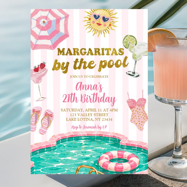 Convite Margaritas de listra rosa junto à piscina de anive (Criador carregado)