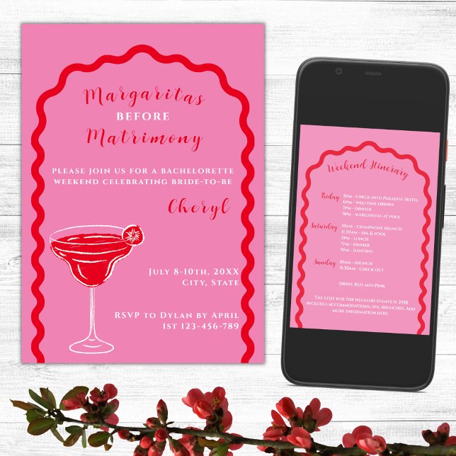 Convite Margaritas E Matrimony Bachelorette Weekend (Margaritas And Matrimony Bachelorette Weekend Itinerary Hot Pink And Red Wavy Arch)