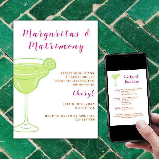 Convite Margaritas E Matrimony Bachelorette Weekend (Margaritas and Matrimony Bachelorette Weekend Itinerary Vibrant Hot pink and orange)