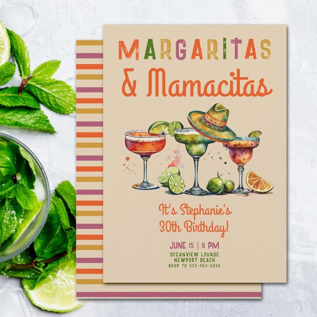 Convite Margaritas Mamacitas Colorful Fiesta aniversário d (margaritas mamacitas 30th birthday party invitation fiesta theme cocktails colorful watercolor)