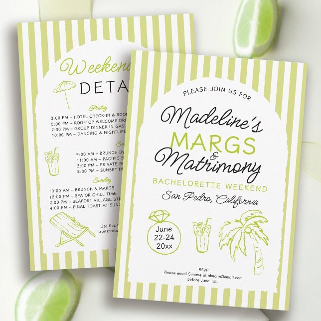 Convite Margs e Matrimônio Festa de Solteira Arco de Limão (margs and matrimony bachelorette theme invitation itinerary hand drawn modern beach pool tequilla)