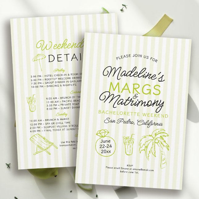 Convite Margs e Matrimônio Listras de Limão Festa de Despe (margs and matrimony bachelorette theme invitation itinerary lime stripe hand drawn beach pool )