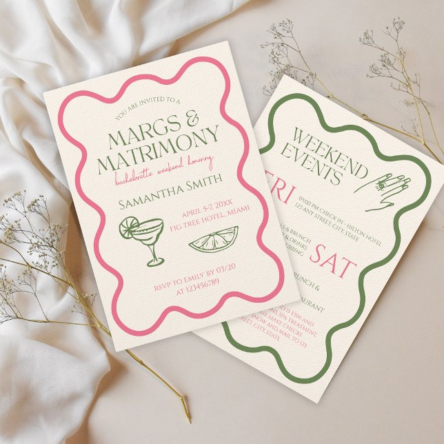 Convite Margs & Matrimony Bachelorette Weekend Drawn (Margs & Matrimony Bachelorette Weekend Invitation Hand Illustrated Green and Pink)
