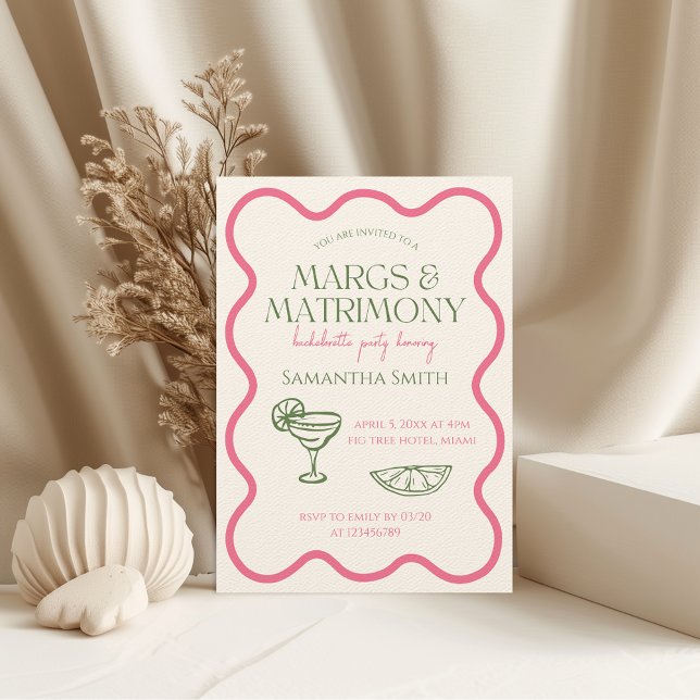 Convite Margs & Matrimony Festa de solteira Drawn (Margs & Matrimony Pink and Green Bachelorette Party Invitation Wavy Frame Hand Drawn Funky)