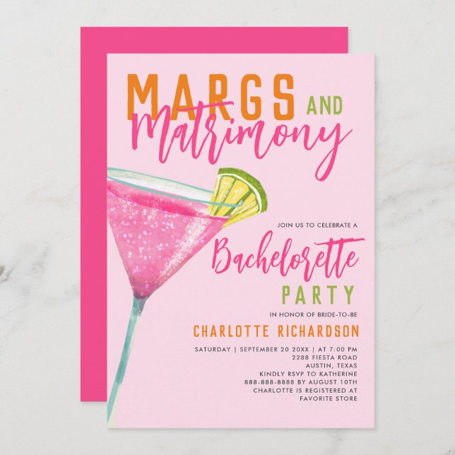 Convite Margs & Matrimony Pink Margarita Bachelorette Bash (Frente/Verso)