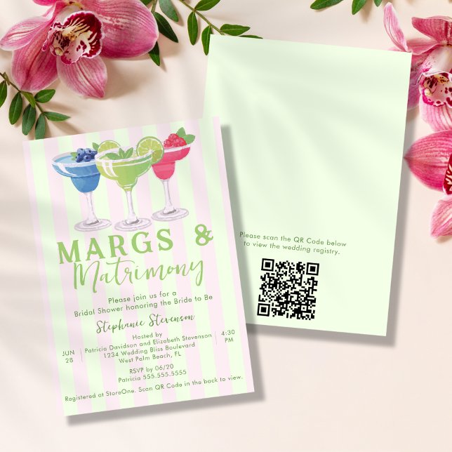 Convite Margs & Matrimony Stripes Código QR Chá de Noiva (Criador carregado)