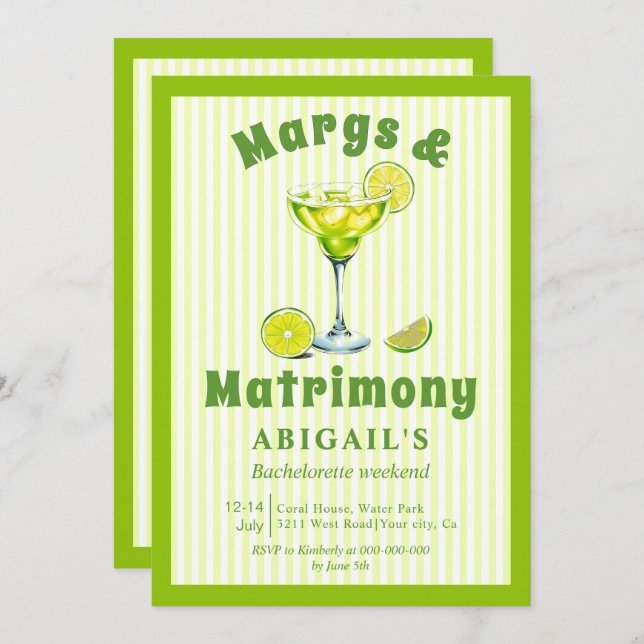 Convite Margs & Matrimony verde limão bachelorette fim de  (Frente/Verso)