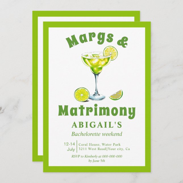 Convite Margs & Matrimony verde limão bachelorette fim de  (Frente/Verso)