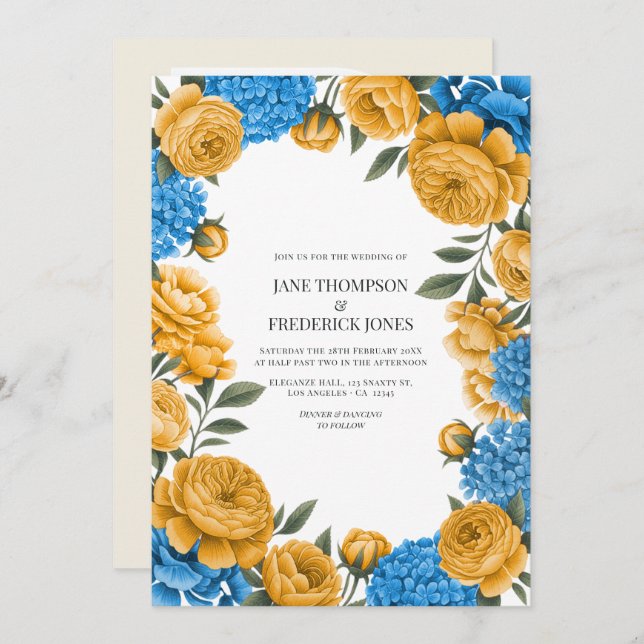 Convite Marigold and French Blue Watercolor Floral Wedding (Frente/Verso)