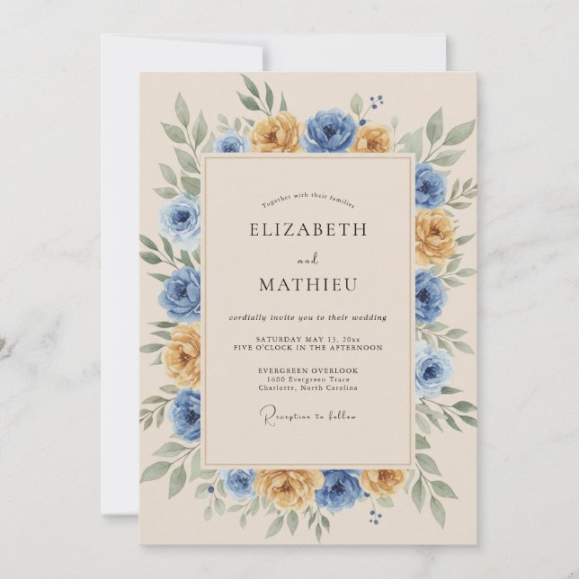 Convite Marigold Blue Rustic Botanical Wedding (Frente)